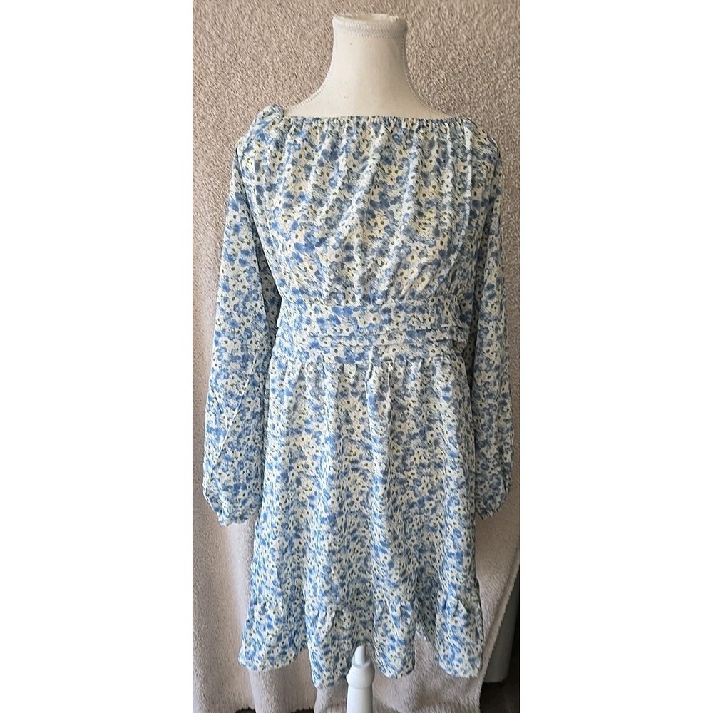 BTFBM Dress Blue‎ Floral Plunging Back W/Tie Ruffle Sleeves Women's XXL 2XL NWT